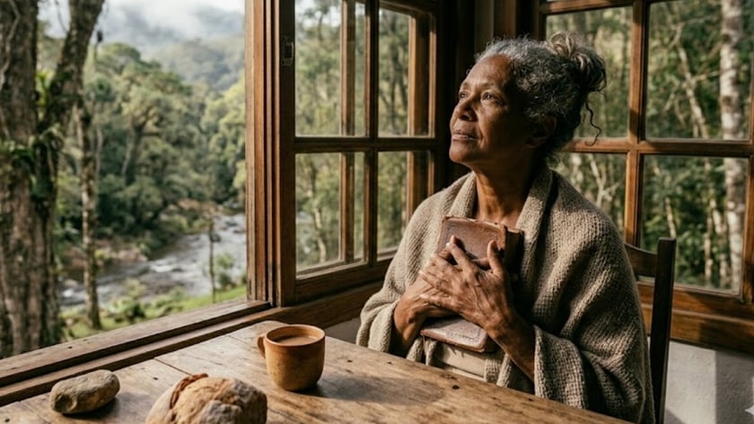 Idosa de xale olha pela janela, abraçando um livro, ao lado de caneca e pão.