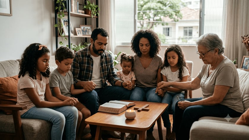 Família de mãos dadas e olhos fechados ao redor de mesa com Bíblia, cruz e vela.