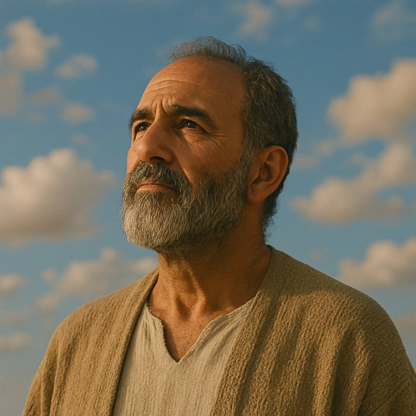 Homem de barba grisalha e túnica bege olha para o alto sob céu azul.