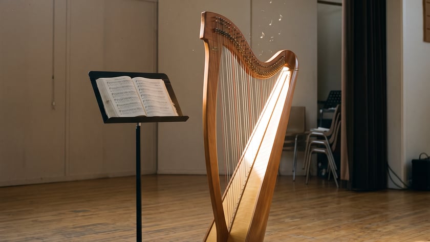 Harpa de madeira ao lado de uma estante com partitura abertas em um palco vazio