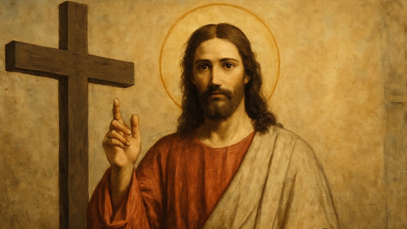Homem barbudo de cabelos longos, com auréola, ergue a mão ao lado de uma cruz de madeira.