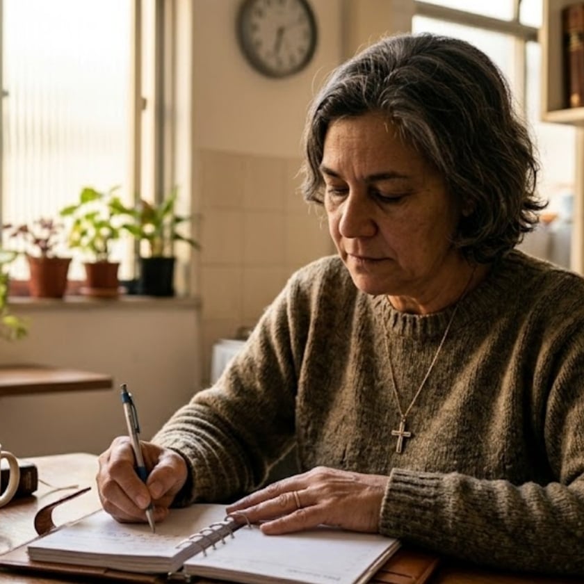 Mulher grisalha de suéter escreve em uma agenda sobre a mesa, perto da janela.