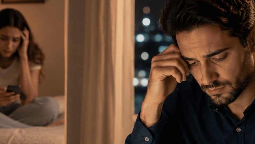 Homem de camisa escura olha o celular à mesa, com a mão na testa.