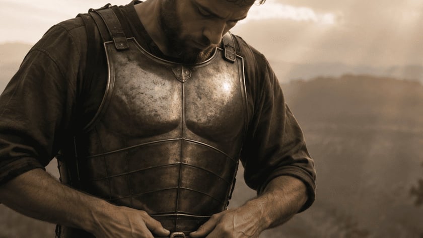 Homem barbado ajoelhado afivela o cinto de uma armadura de metal em um morro.