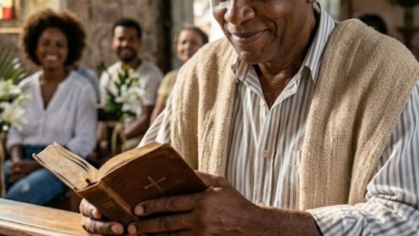 Homem grisalho lê uma Bíblia num banco de igreja, com pessoas sorrindo ao fundo.