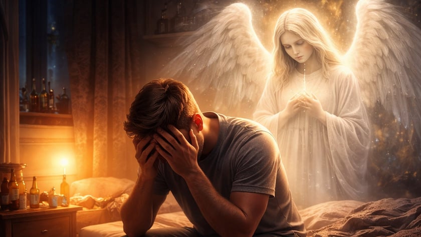 Homem sentado na cama cobre o rosto com as mãos, com um anjo atrás dele.