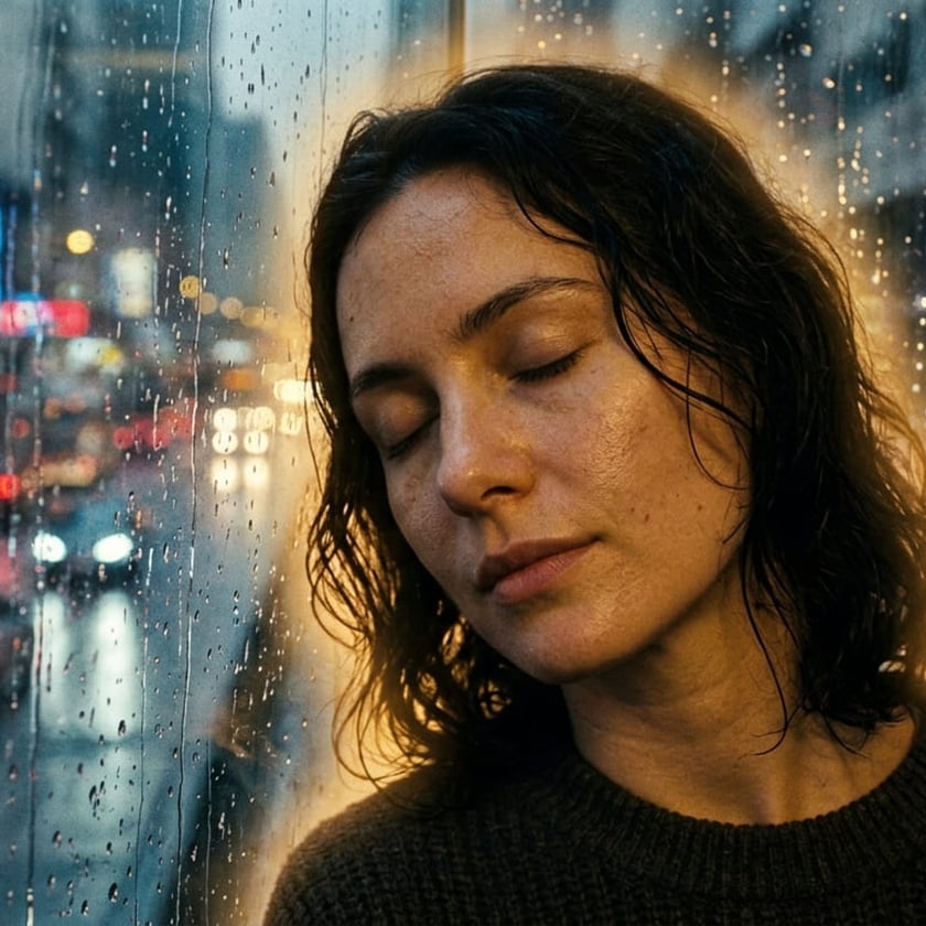 Mulher de cabelo escuro e molhado, olhos fechados, encosta o rosto em vidro com gotas de chuva.