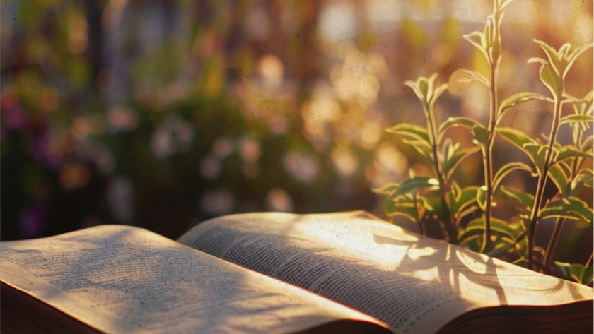 Livro aberto sobre uma mesa ao ar livre, com uma planta verde ao lado.