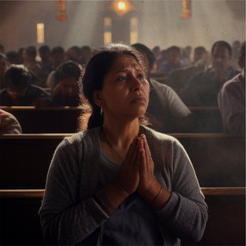 Mulher de cardigã cinza reza de mãos juntas em um banco de igreja lotada.
