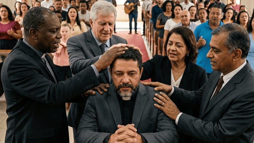 Pastores e uma mulher impõem as mãos sobre um homem sentado diante de uma Bíblia, em uma igreja.