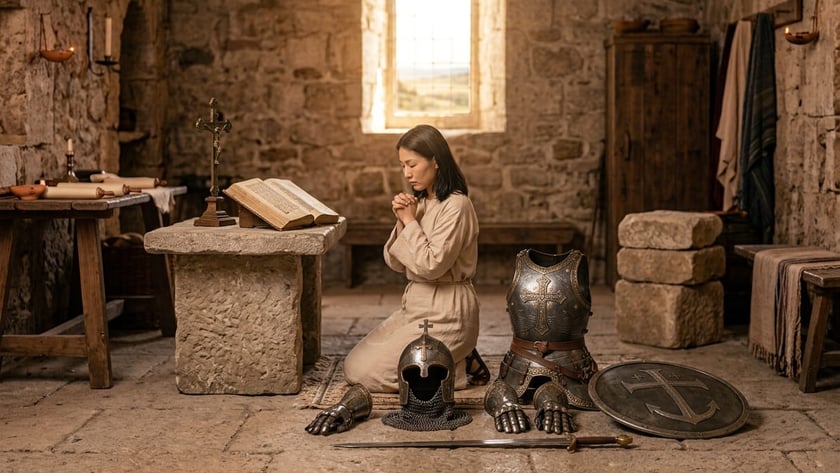 Mulher de túnica ajoelhada reza diante de um altar de pedra, ao lado de armadura medieval.
