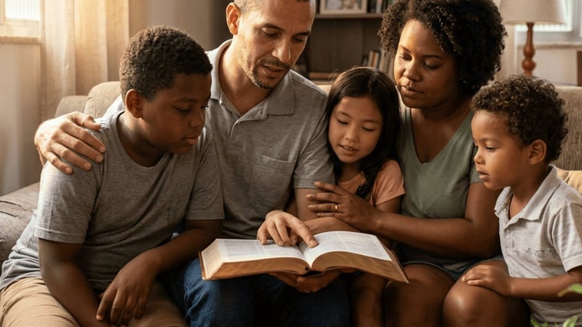 Família com três crianças lê a Bíblia junta no sofá da sala.