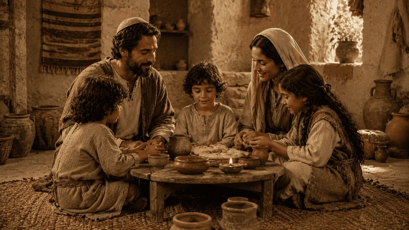 Família com pai, mãe, menino e menina sentados ao redor de uma mesa baixa com pães.