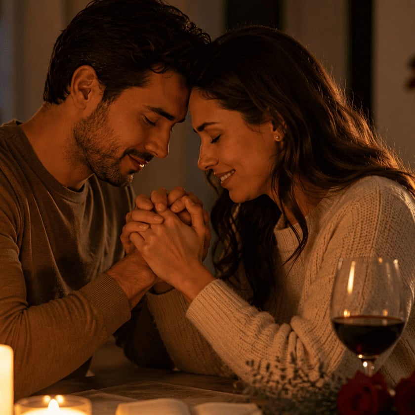 Casal sentado à mesa, de olhos fechados, com as testas encostadas e as mãos unidas.