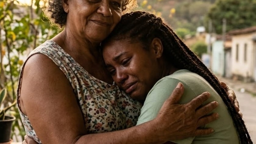 Mulher idosa abraça mulher mais jovem em lágrimas, numa rua de bairro com morros ao fundo.