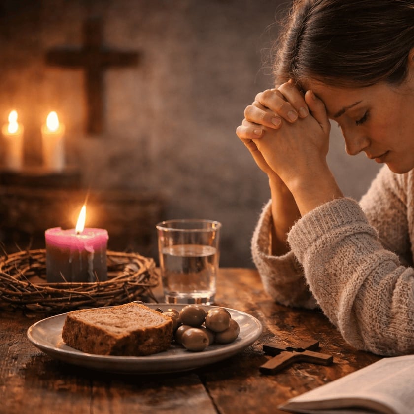 Mulher de suéter com as mãos unidas junto à testa, diante de pão, azeitonas e vela.