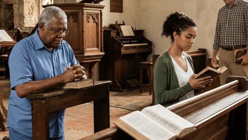 Três pessoas em uma igreja antiga: um homem reza, uma mulher lê e outro homem observa.