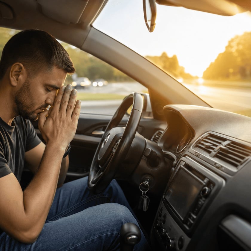 Homem de camiseta escura sentado ao volante, com as mãos unidas diante do rosto e olhos fechados.