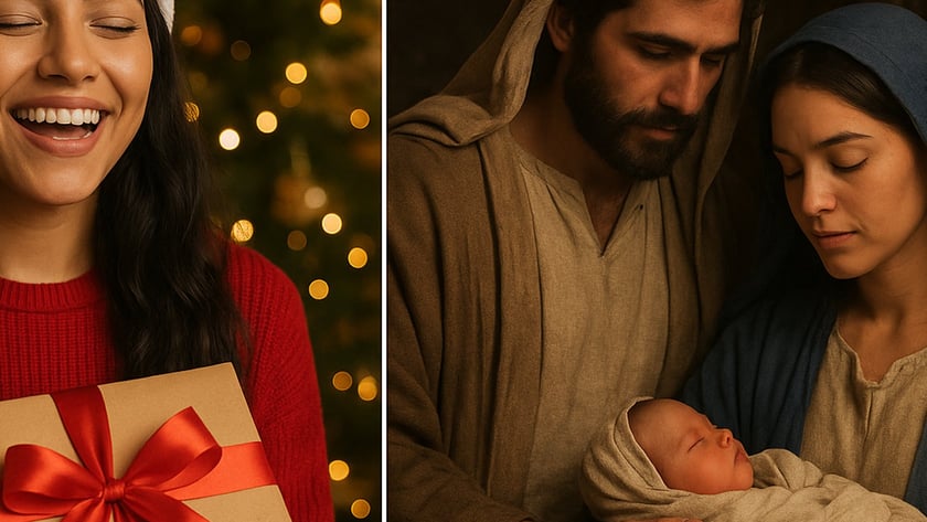Mulher sorrindo com gorro de Natal segura presente; ao lado, casal embala recém-nascido.