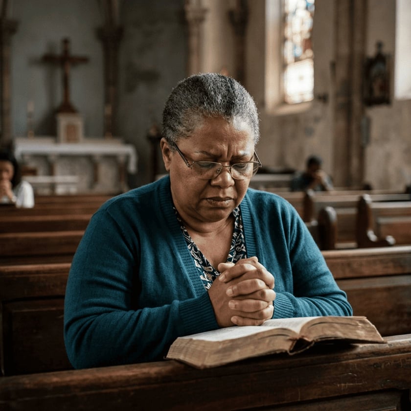 Mulher de óculos e cardigã azul reza com as mãos juntas sobre uma Bíblia aberta, em uma igreja.