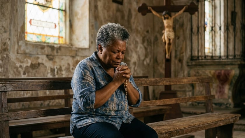 Mulher de cabelo grisalho reza com um terço, sentada em um banco de igreja antiga.