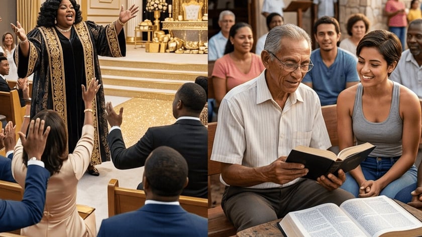 Pregadora de manto dourado em templo luxuoso, ao lado de grupo lendo a Bíblia ao ar livre.