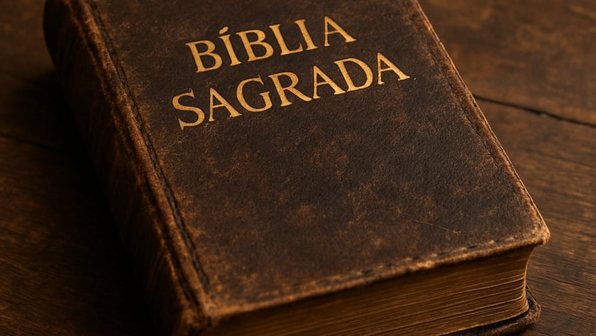 Bíblia antiga de capa de couro marrom desgastada sobre mesa de madeira: "BÍBLIA SAGRADA".