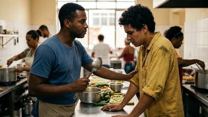 Homem de camiseta azul segura uma concha e toca o braço de outro numa cozinha.