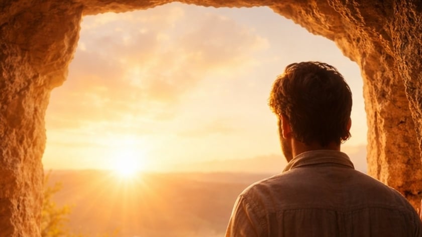 Homem de costas, dentro de uma caverna de pedra, olha o sol nascendo sobre vales.