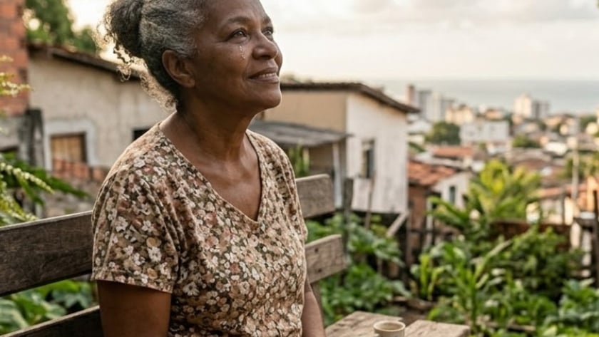 Mulher idosa sentada em banco com uma Bíblia no colo, olhando para o alto