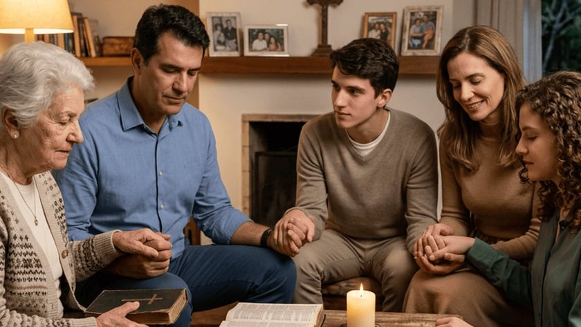 Família de mãos dadas em oração na sala, com Bíblia, vela e cruzes.