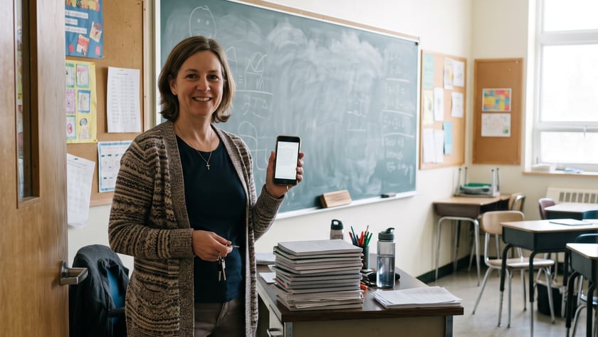 Mulher sorridente segura um celular em uma sala de aula, ao lado de uma mesa com cadernos