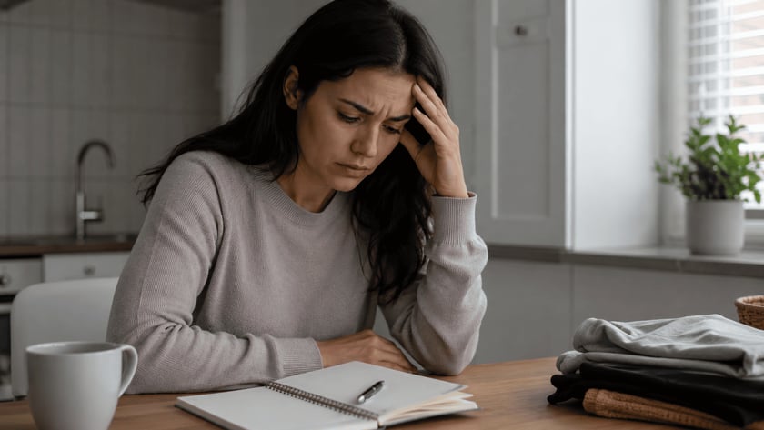 Mulher de cabelo escuro apoia a cabeça na mão à mesa, ao lado de caderno e roupas dobradas.