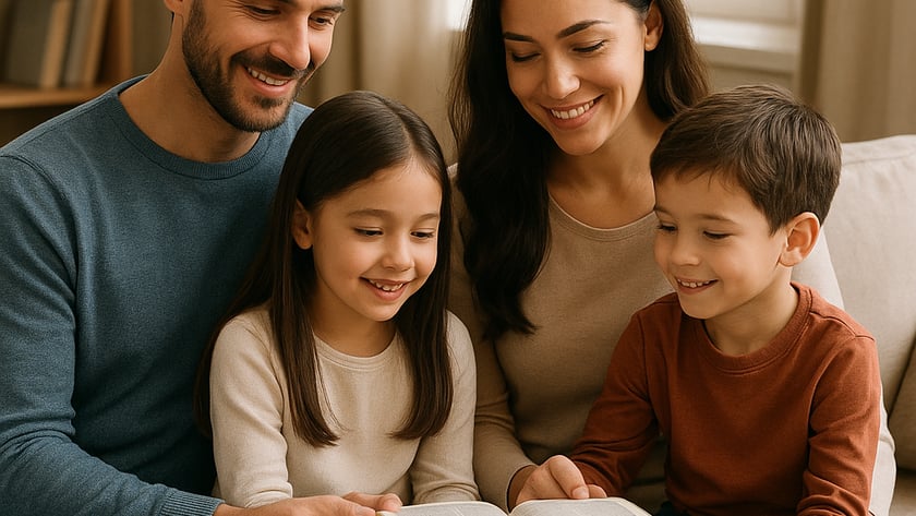 Pai, mãe, menina e menino sentados no sofá da sala, lendo juntos um livro aberto.
