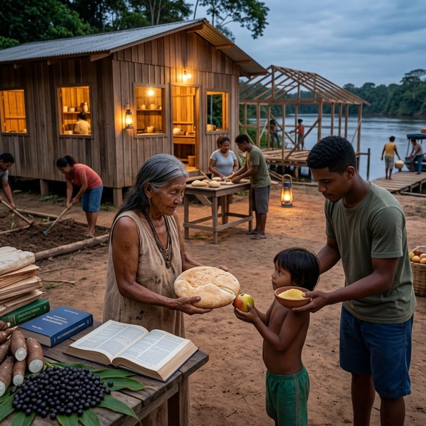 Idosa entrega pão a uma criança diante de casas de madeira à beira do rio.