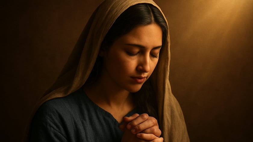 Mulher de manto bege na cabeça e túnica escura, com as mãos postas, de olhos fechados.