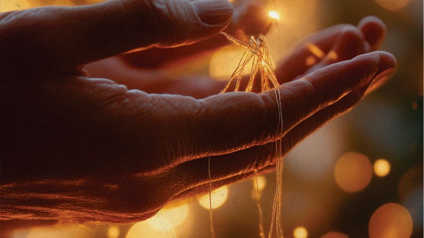 Mãos de uma pessoa idosa seguram um fio fino com pequenas luzes acesas.