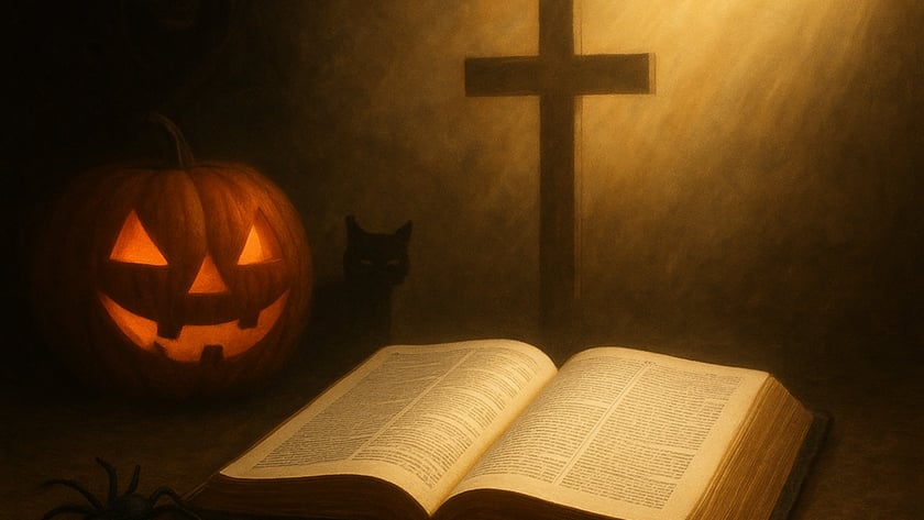 Abóbora de Halloween, gato preto, aranha e figura encapuzada ao redor de uma Bíblia aberta