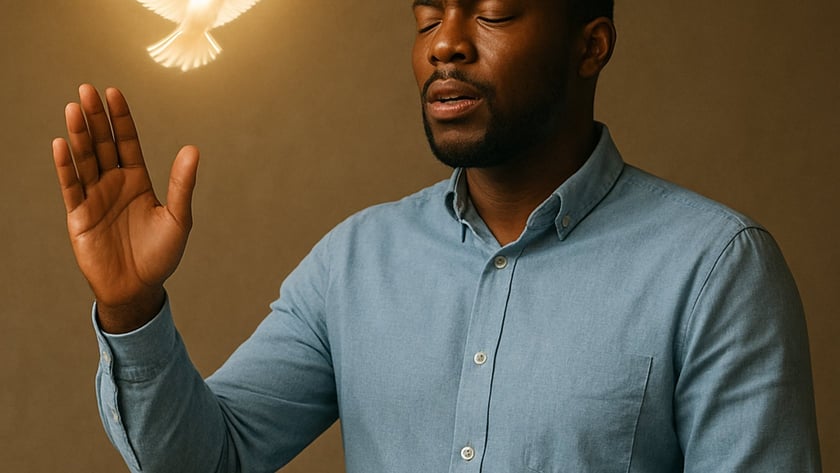 Homem de camisa azul, de olhos fechados, ora atrás de um púlpito com uma pomba luminosa.