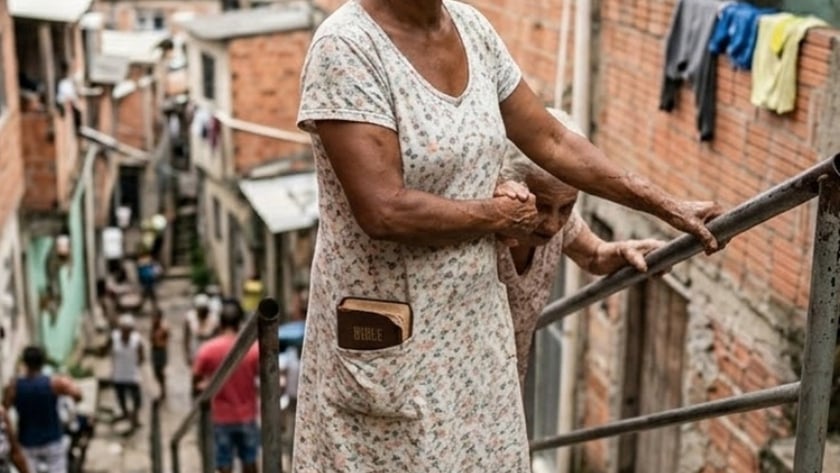 Mulher de vestido florido, com uma Bíblia no bolso, segura uma idosa numa escadaria de favela.