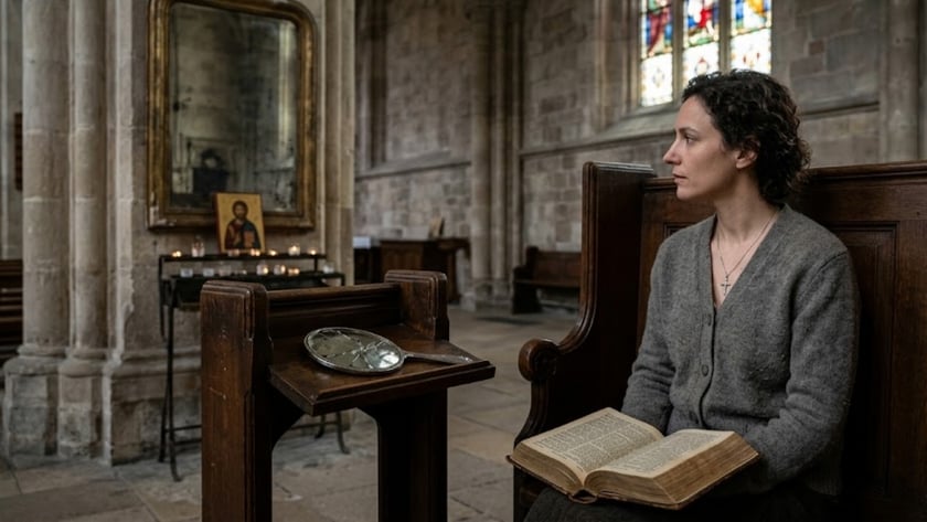 Mulher de cabelo escuro e cardigã cinza senta num banco de igreja com uma Bíblia aberta.