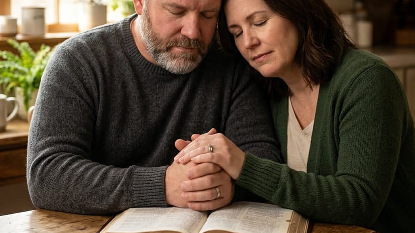 Casal de olhos fechados, com as cabeças encostadas e mãos unidas
