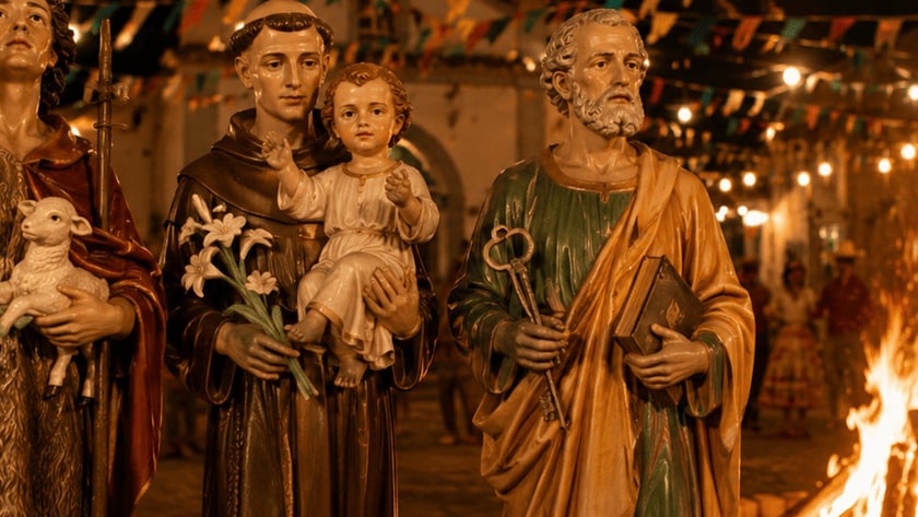 Duas estátuas de santos diante de uma fogueira em festa junina numa praça com bandeirinhas.