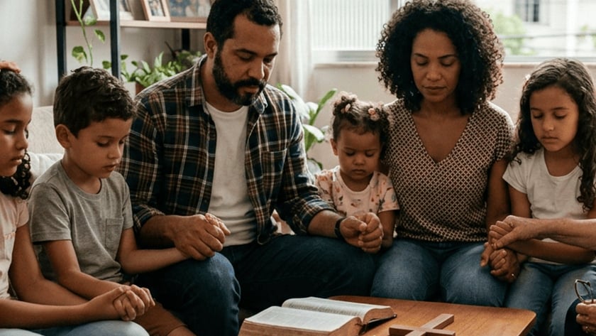 Família de mãos dadas e olhos fechados ao redor de mesa com Bíblia, cruz e vela.
