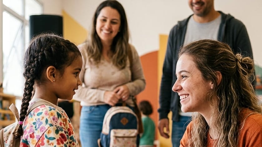 Mulher agachada aperta a mão de uma menina com mochila, diante de um casal sorridente.