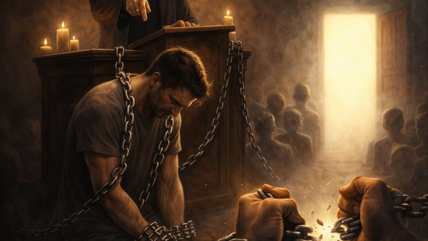 Padre aponta de um púlpito para homem acorrentado e ajoelhado; mãos rompem uma corrente.