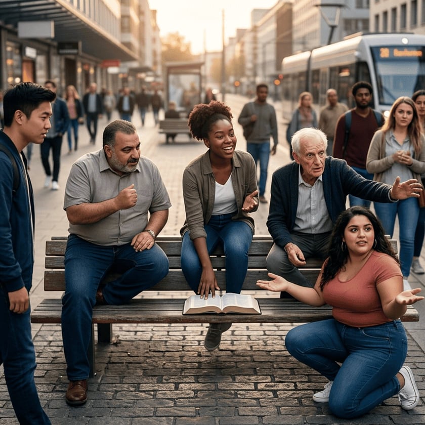 Grupo diverso conversa em um banco de rua, com uma Bíblia aberta, perto de um bonde.