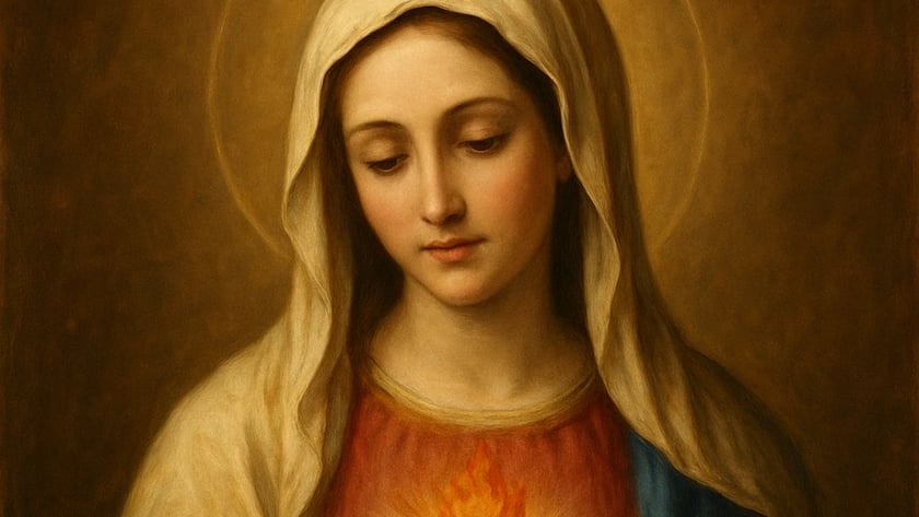 Mulher de véu claro e manto azul, com halo, mão sobre coração flamejante coroado de espinhos.
