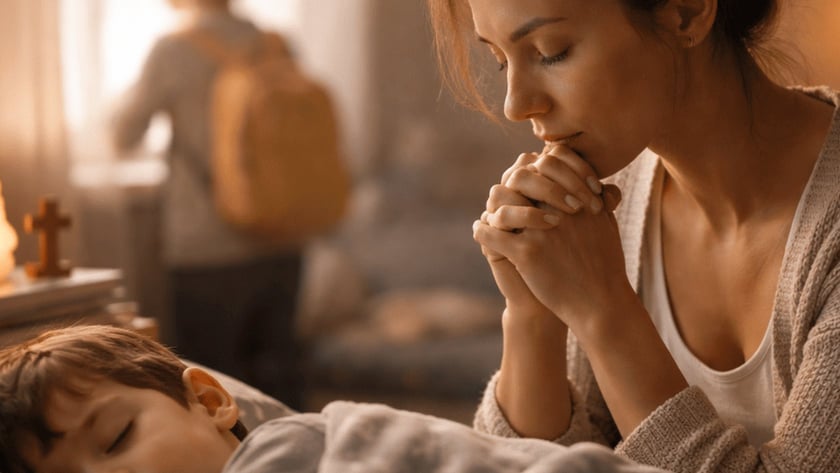 Mulher de mãos juntas e olhos fechados ao lado de um menino dormindo na cama.