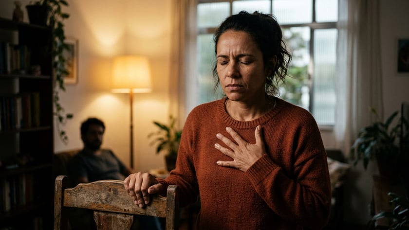 Mulher de suéter marrom com a mão no peito e os olhos fechados, em uma sala.